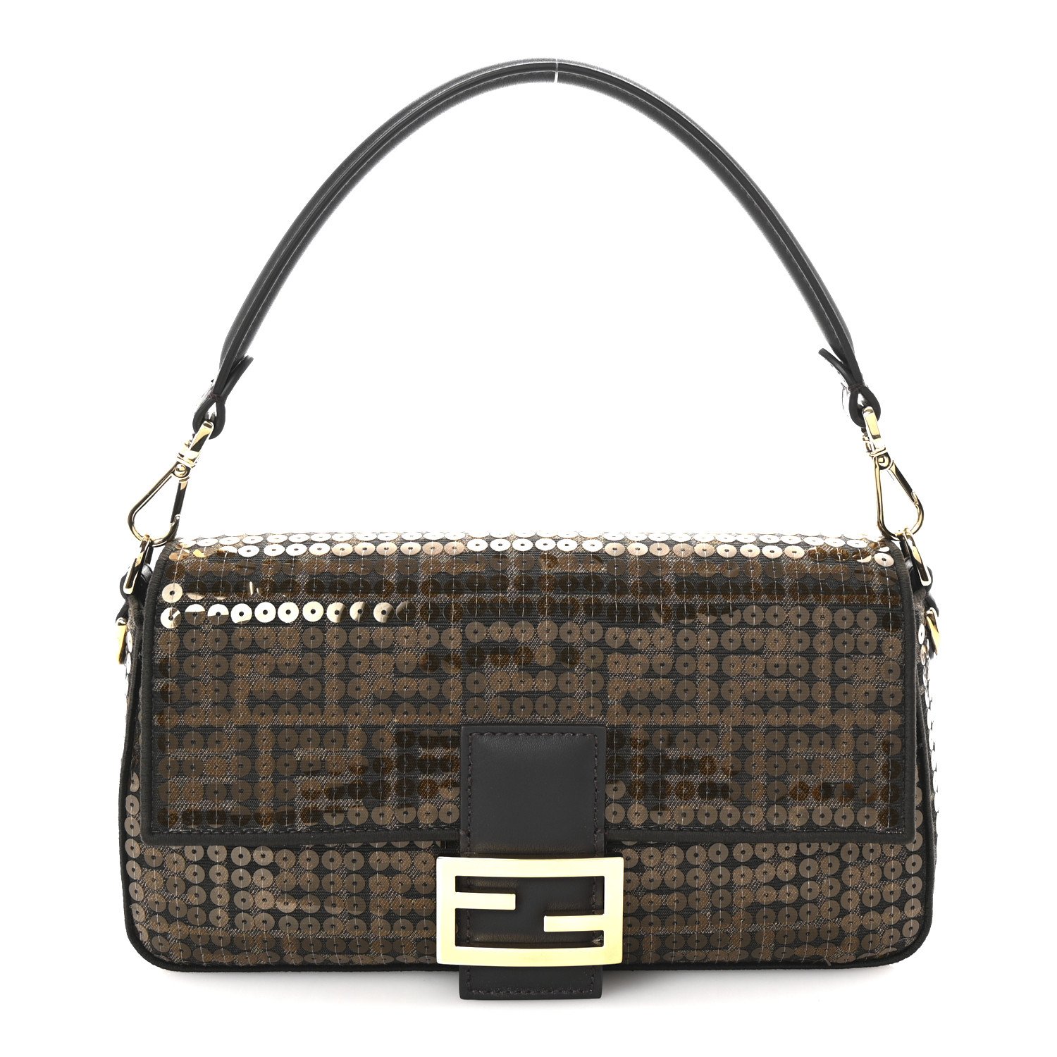 FENDI Fabric Jacquard Paillettes Vitello Seta FF 1974 Baguette Testa di Moro Real Ebano