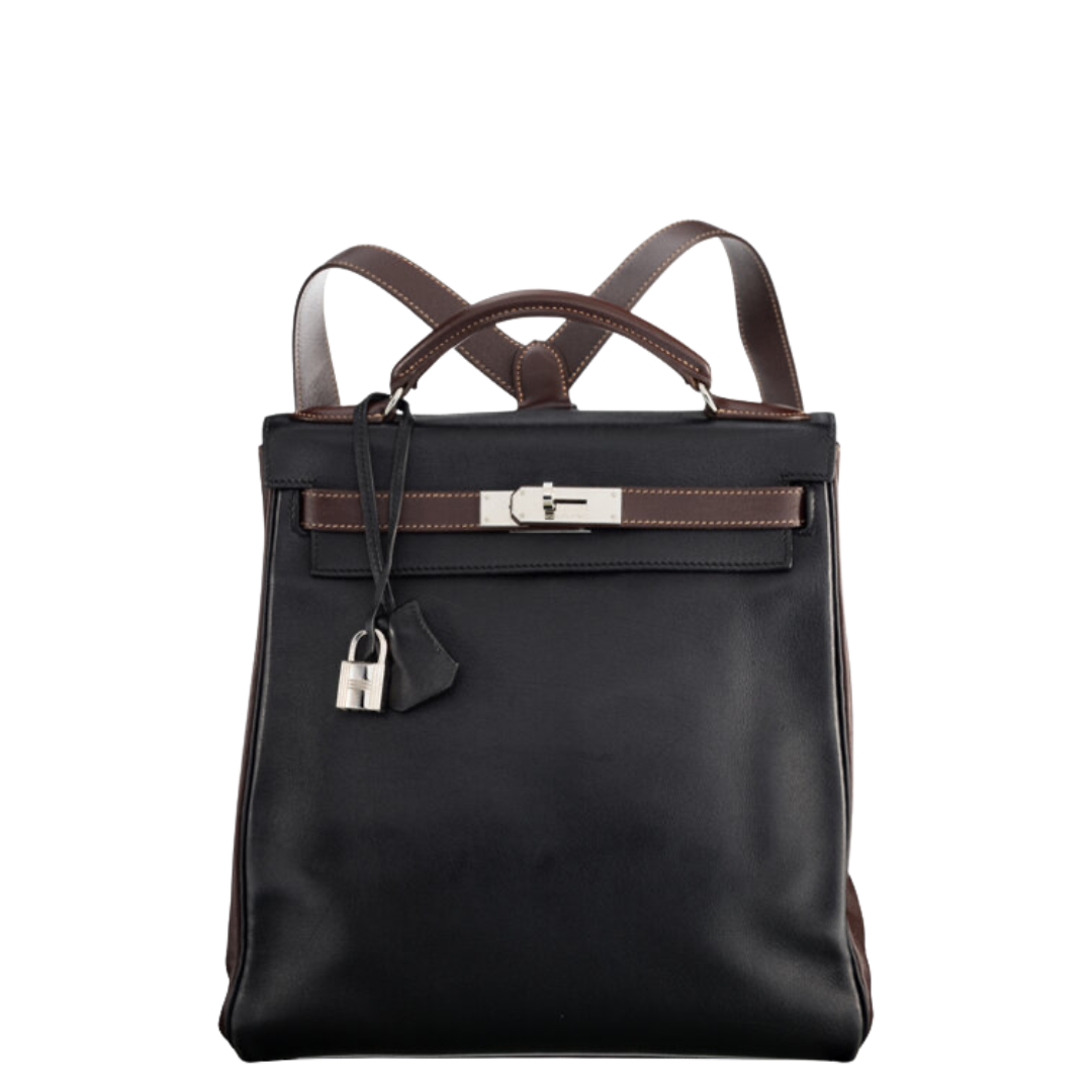 Hermès 28cm Black & Havane Gulliver Leather Kelly Ado Backpack