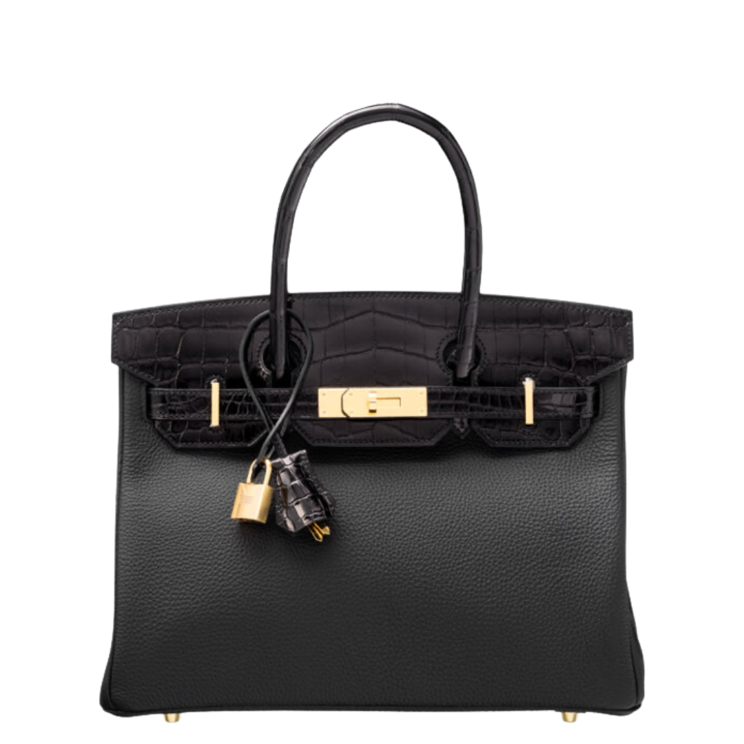Hermès 30cm Shiny Black Niloticus Crocodile and Togo Leather Touch Birkin
