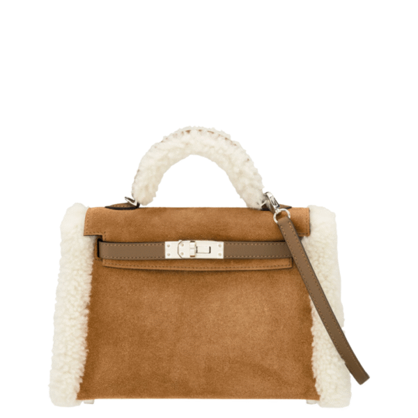 Hermès Limited Edition 20cm Chamois Grizzly Suede, Alezan Swift Leather & Shearling Teddy Plush Mini Kelly