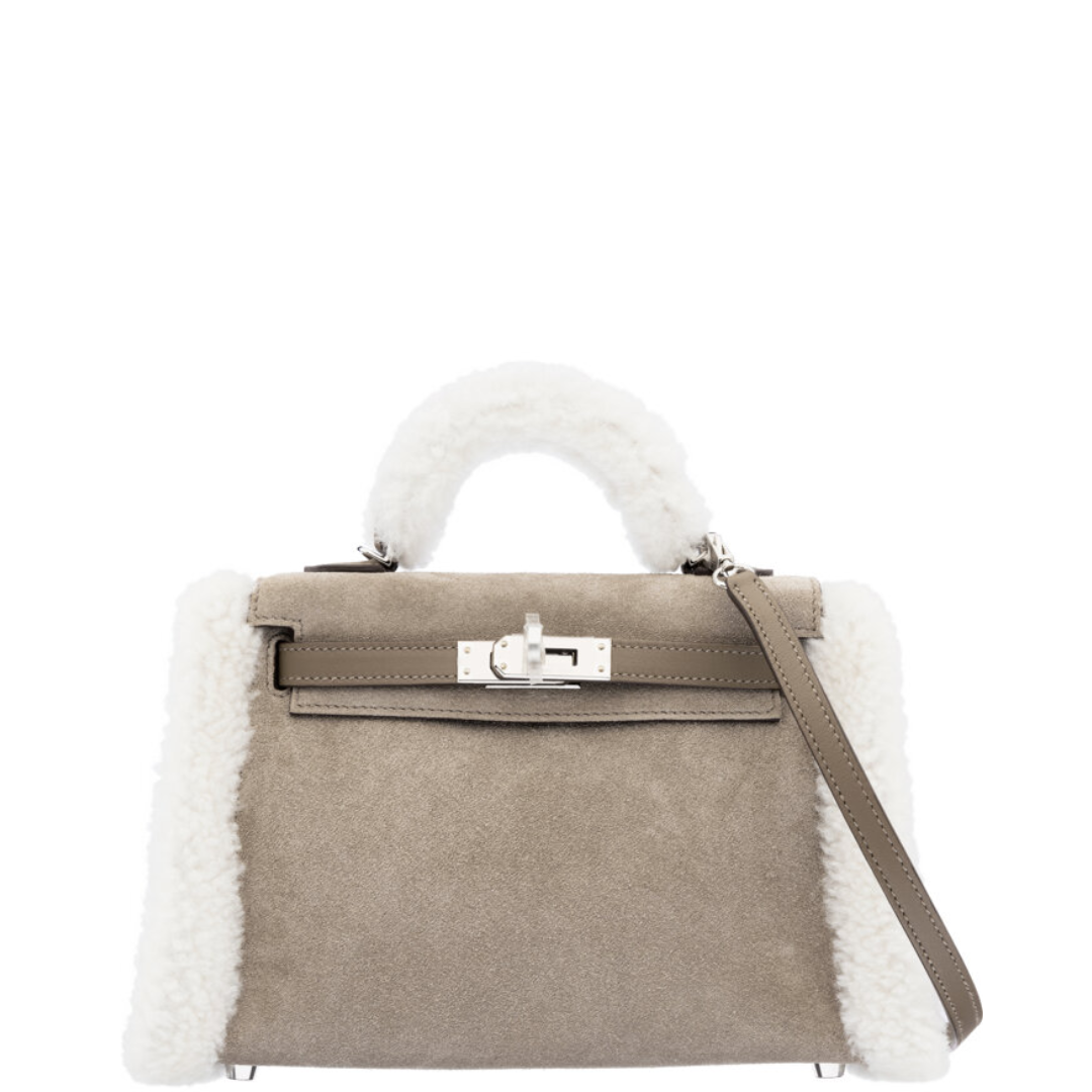 Hermès Limited Edition 20cm Gris Caillou Grizzly Suede, Étoupe Swift Leather & Shearling Teddy Plush Mini Kelly 