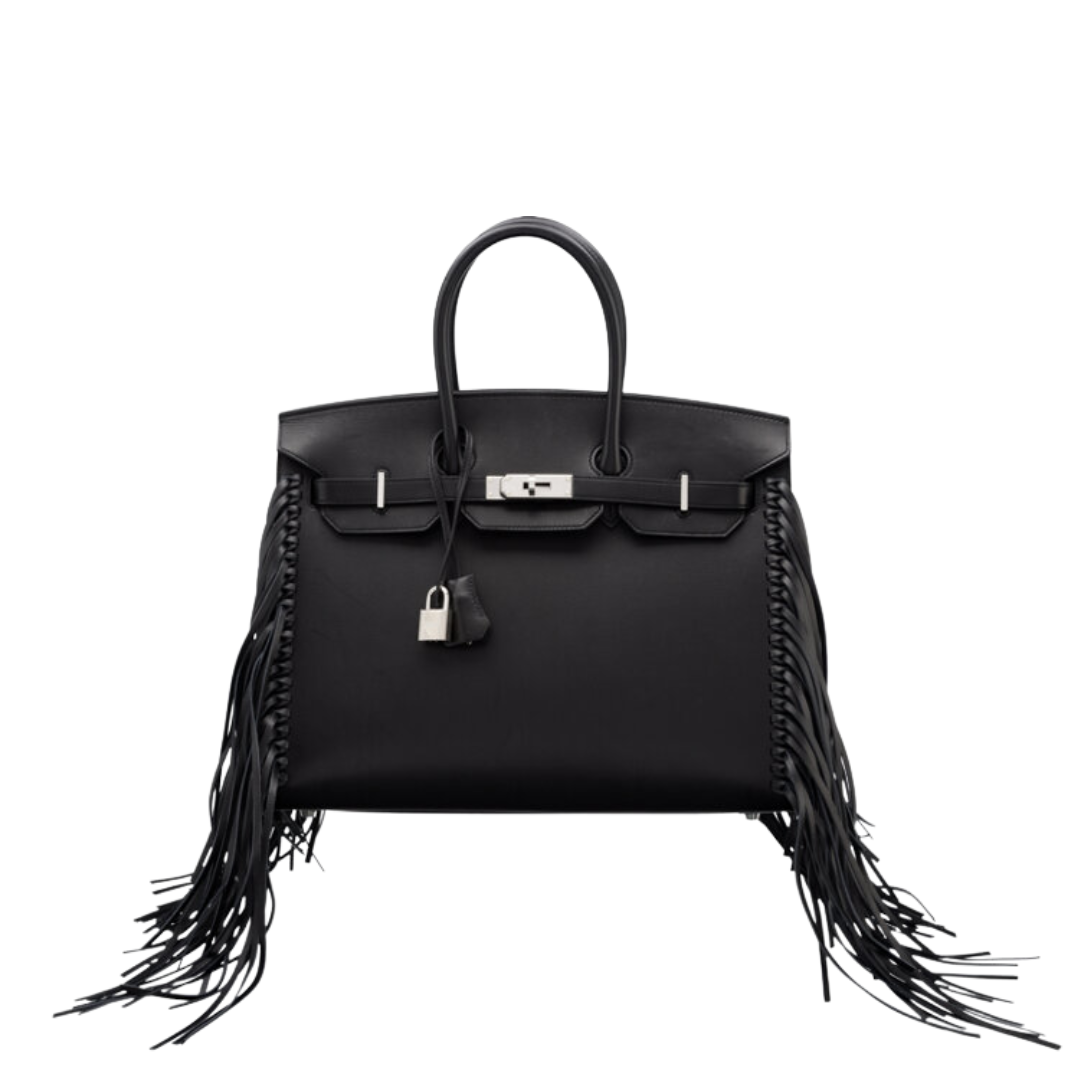 Hermès Limited Edition 35cm Black Evergrain Leather Anate Fringe Birkin