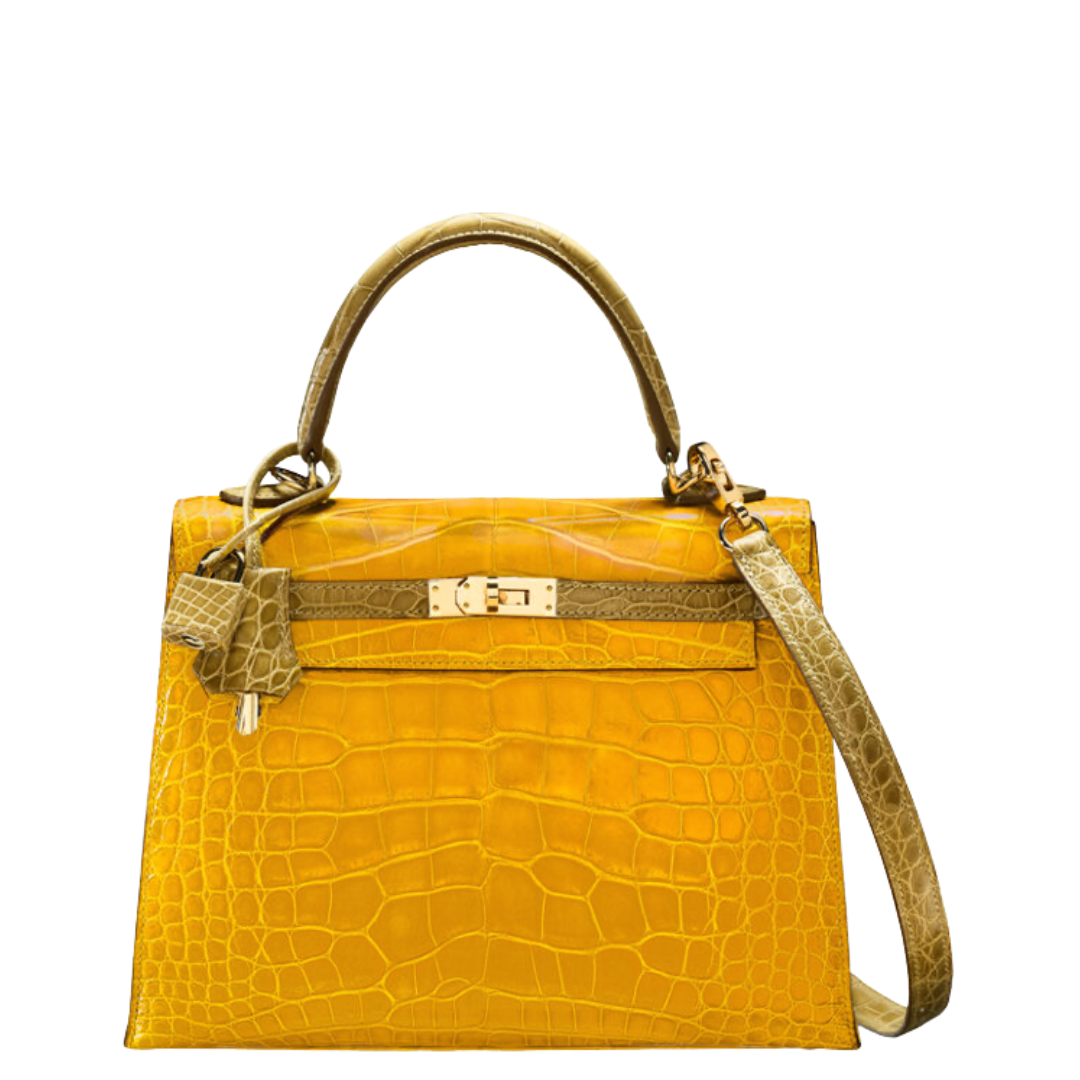 Hermès Special Order Horseshoe 25cm Shiny Jaune Ambre & Beige Sable Alligator Kelly
