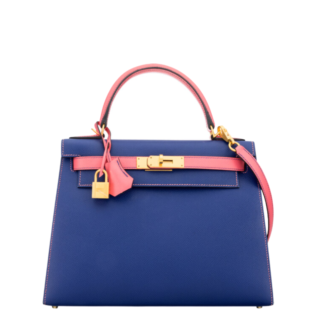 Hermès Special Order Horseshoe 28cm Bleu Electrique & Rose Azalee Epsom Kelly Sellier