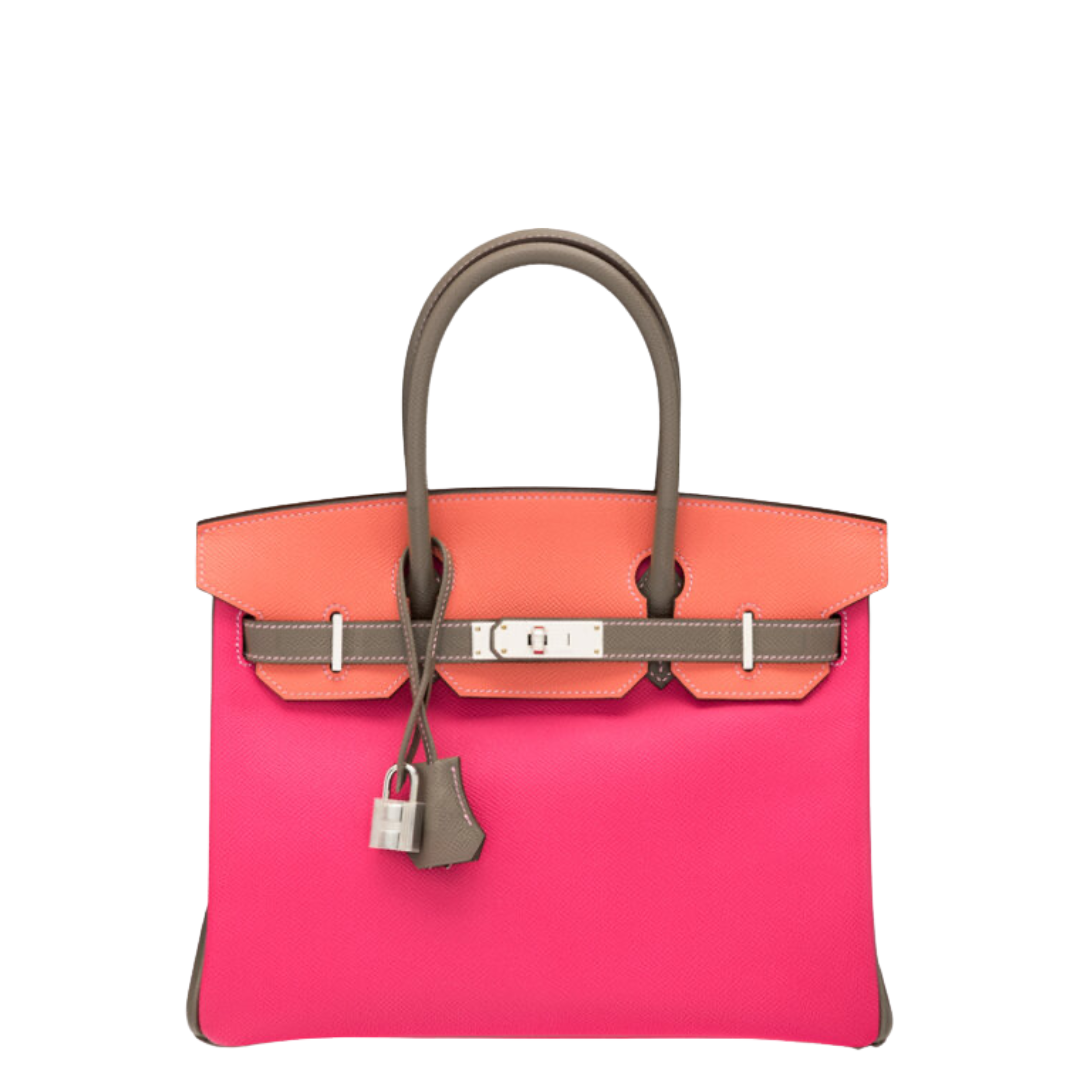 Hermès Special Order Horseshoe 30cm Rose Tyrien, Etoupe, & Crevette Epsom Leather Birkin 