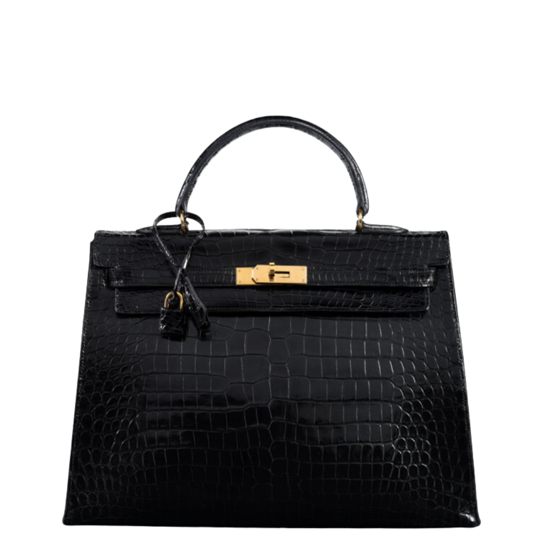 Hermès Vintage 35cm Black Shiny Alligator Sellier Kelly 