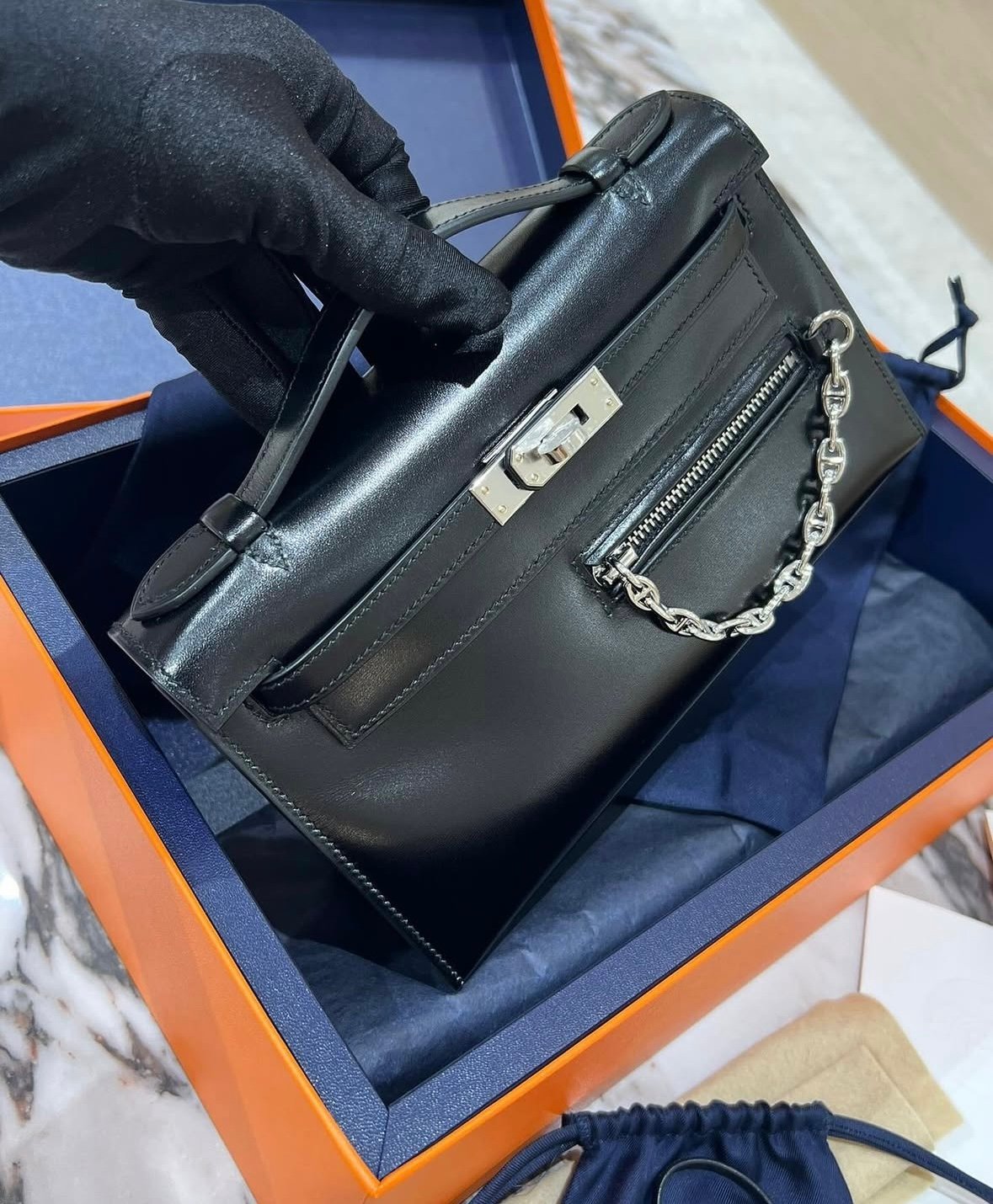 Hermès kelly pochette rock black box calfskin palladium birkin rock horizon line