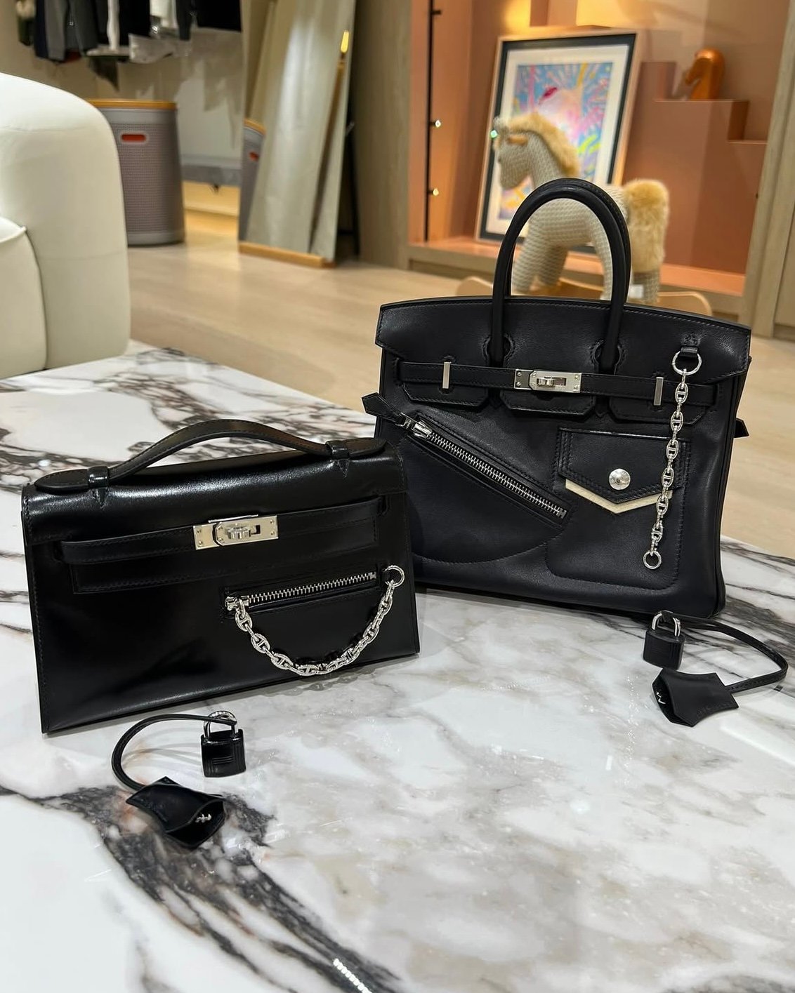 Hermès kelly pochette rock black box calfskin palladium birkin rock horizon line