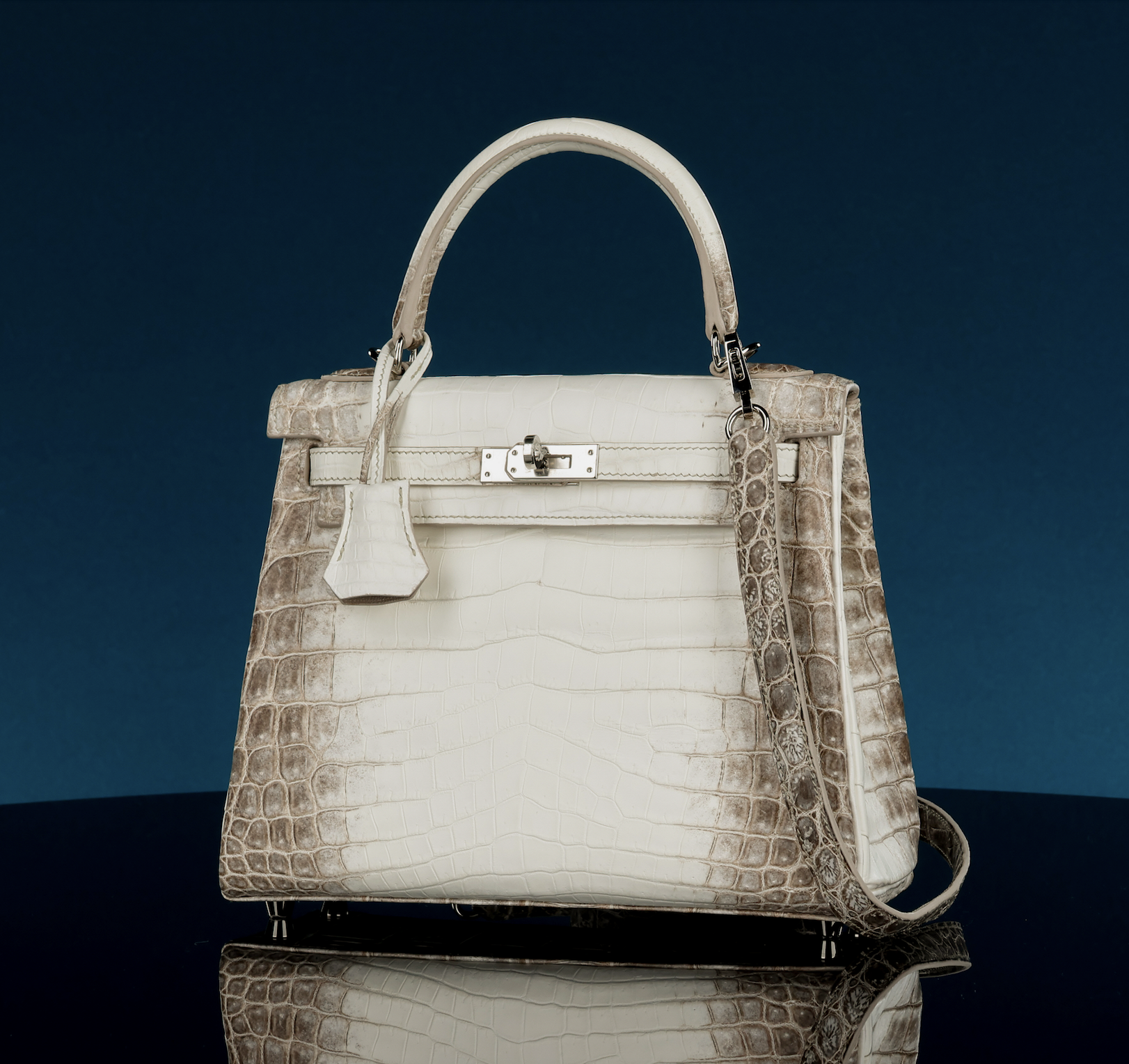 Hermès 25cm Matte White Himalaya Niloticus Crocodile Kelly Retourne