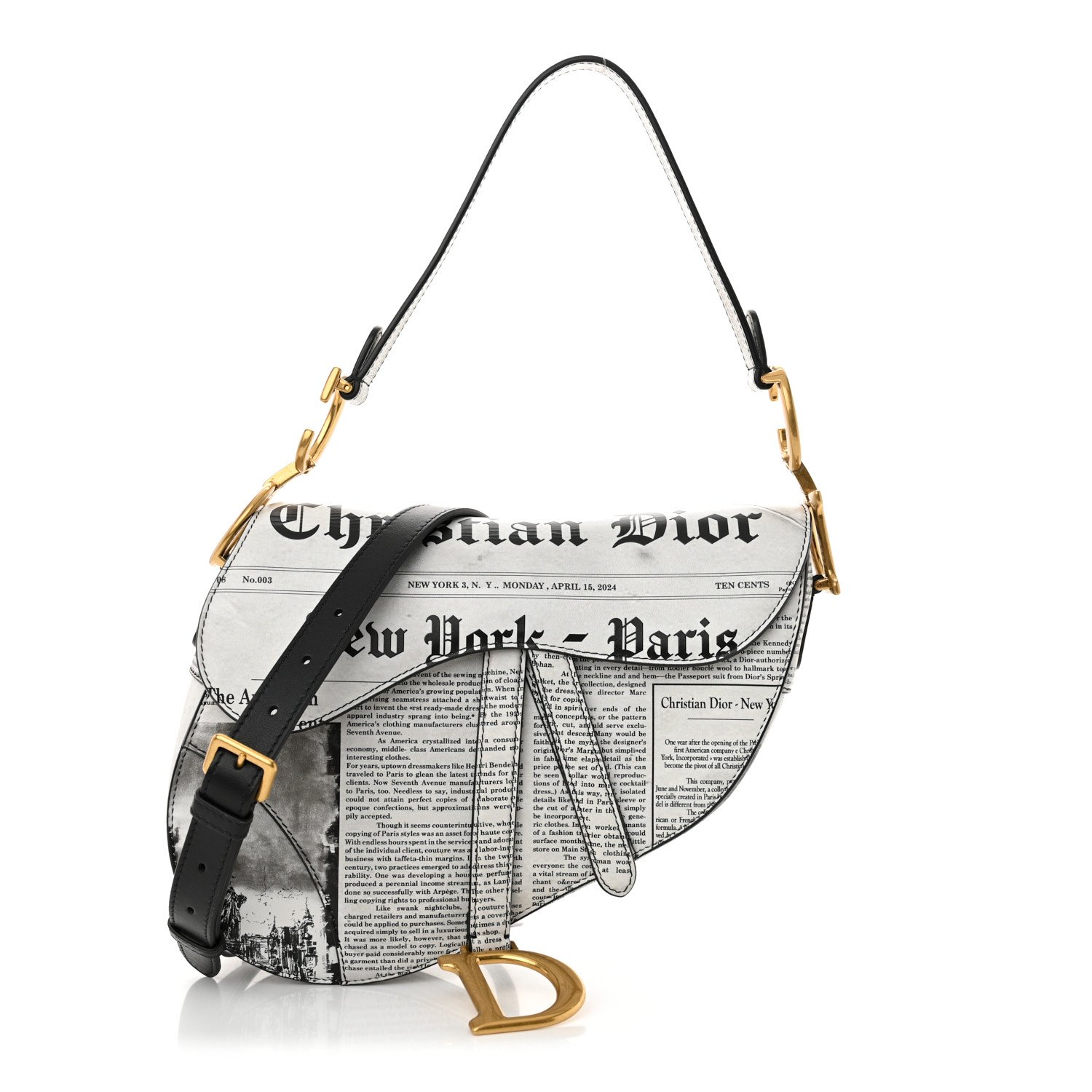 CHRISTIAN DIOR Calfskin Newspaper Printed Saddle Bag With Strap Black White