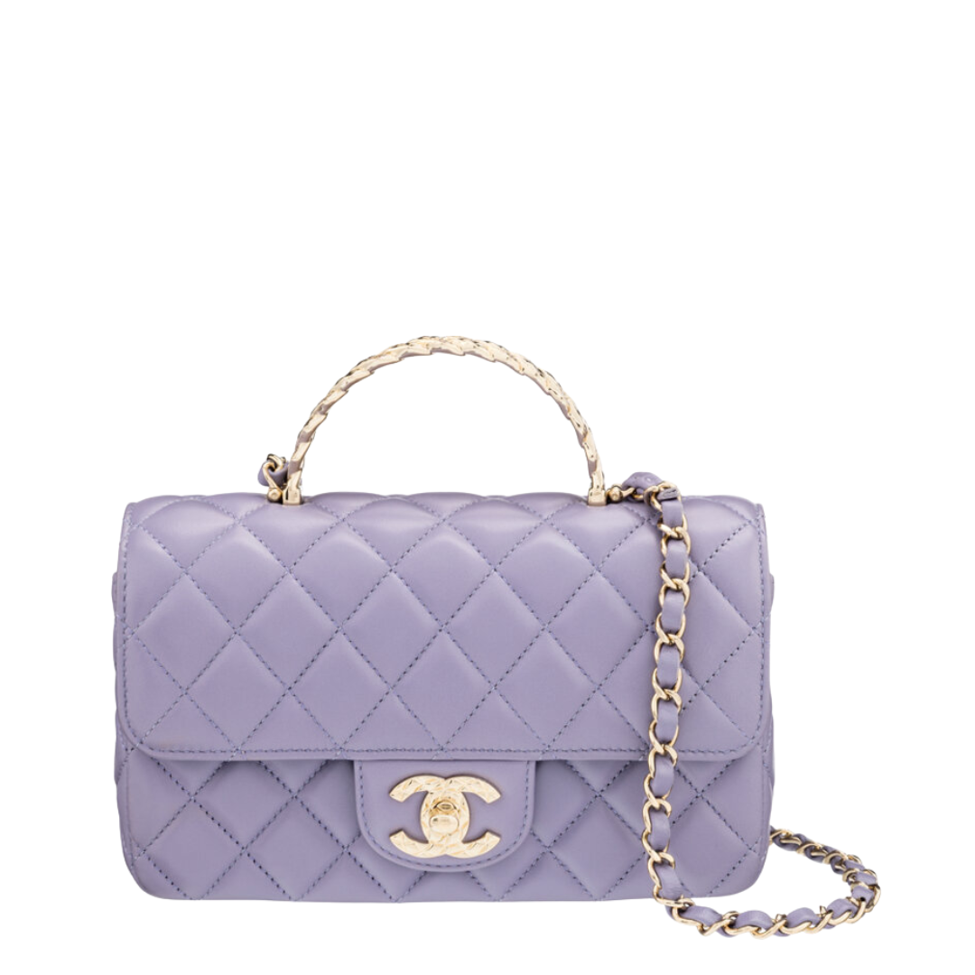 Chanel Lavender Quilted Lambskin Leather Strass Top Handle Flap Bag