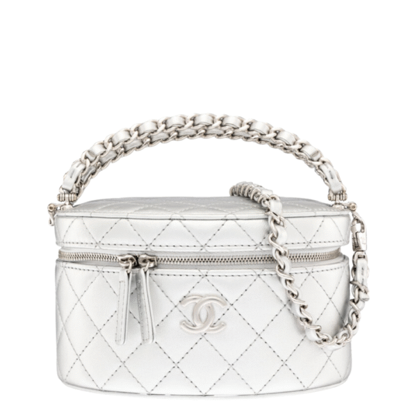 Chanel Silver Metallic Quilted Calfskin Leather Oval Vanity Case