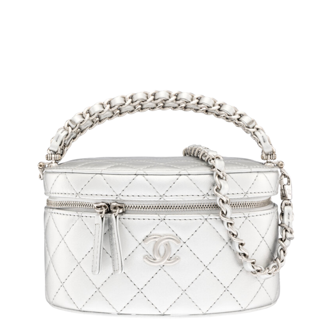 Chanel Silver Metallic Quilted Calfskin Leather Oval Vanity Case