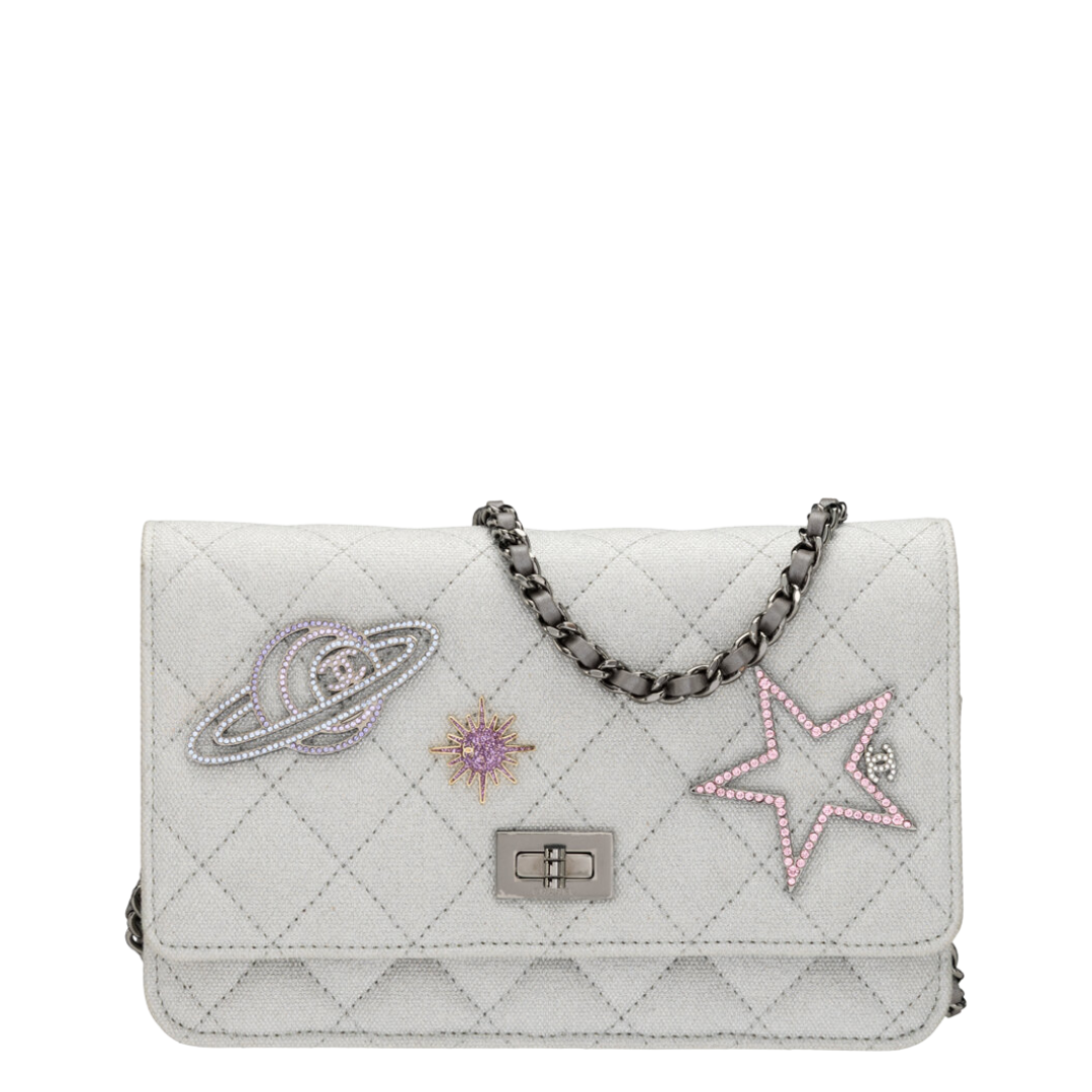Chanel Silver Metallic Quilted Canvas Space Charms Reissue Wallet On Chain
