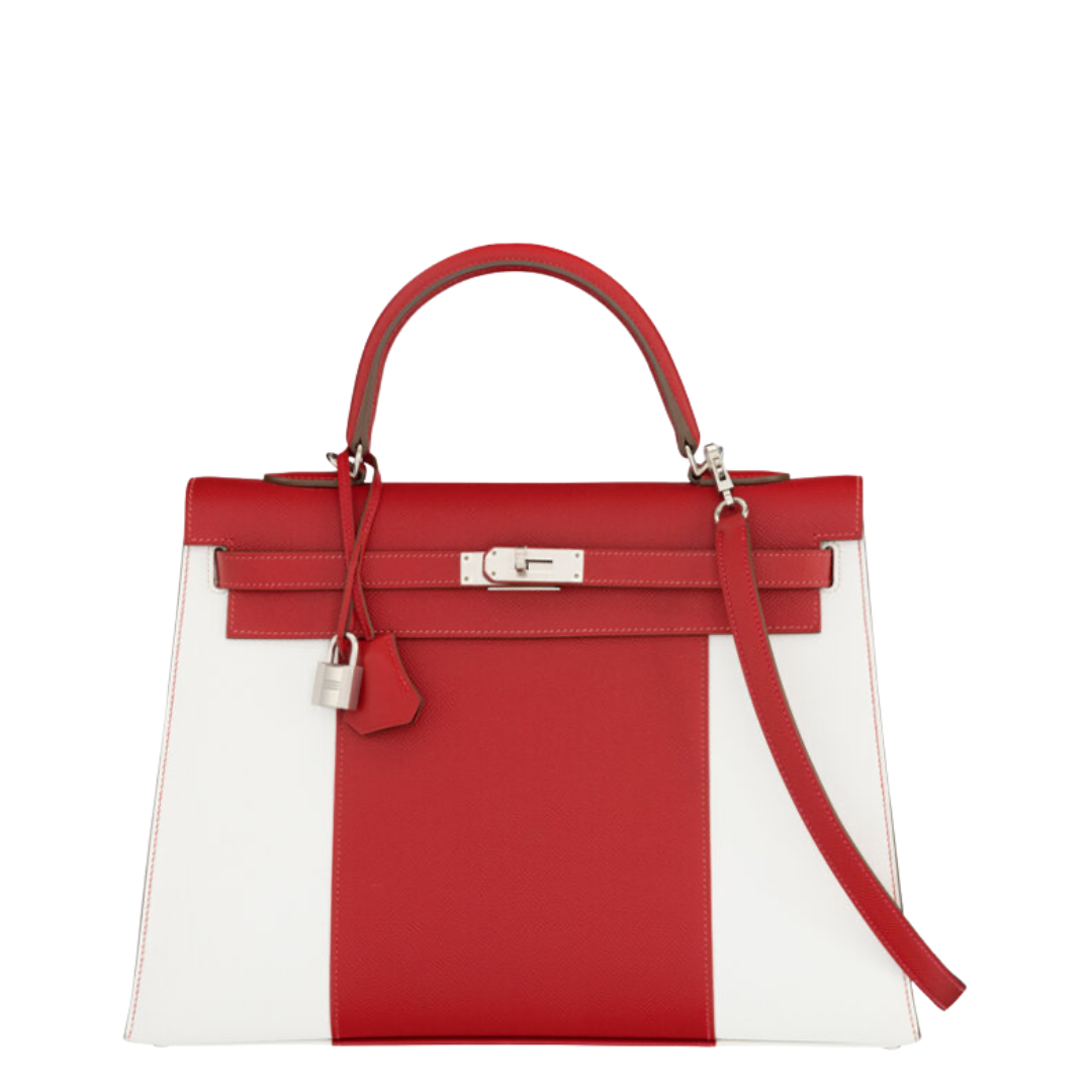Hermès 35cm Rouge Casaque & White Epsom Leather Flag Kelly Sellier