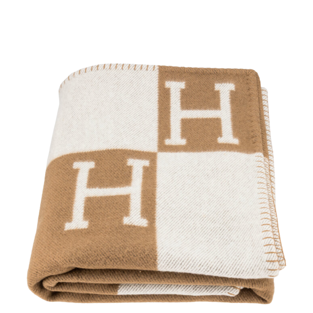 Hermès Écru & Camel Merino Wool and Cashmere Avalon Throw Blanket