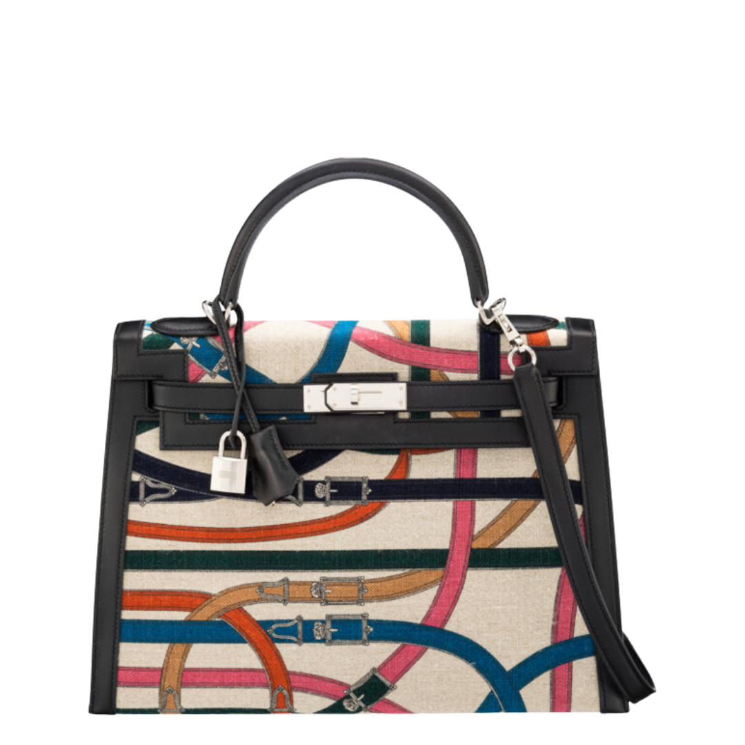 Hermès Limited Edition 32cm Black Swift Leather & Cavalcadour Printed Canvas Kelly Sellier