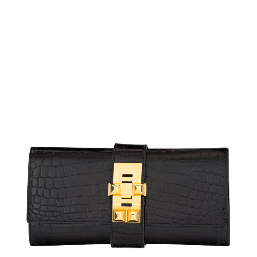 Hermès Shiny Black Niloticus Crocodile Medor Clutch