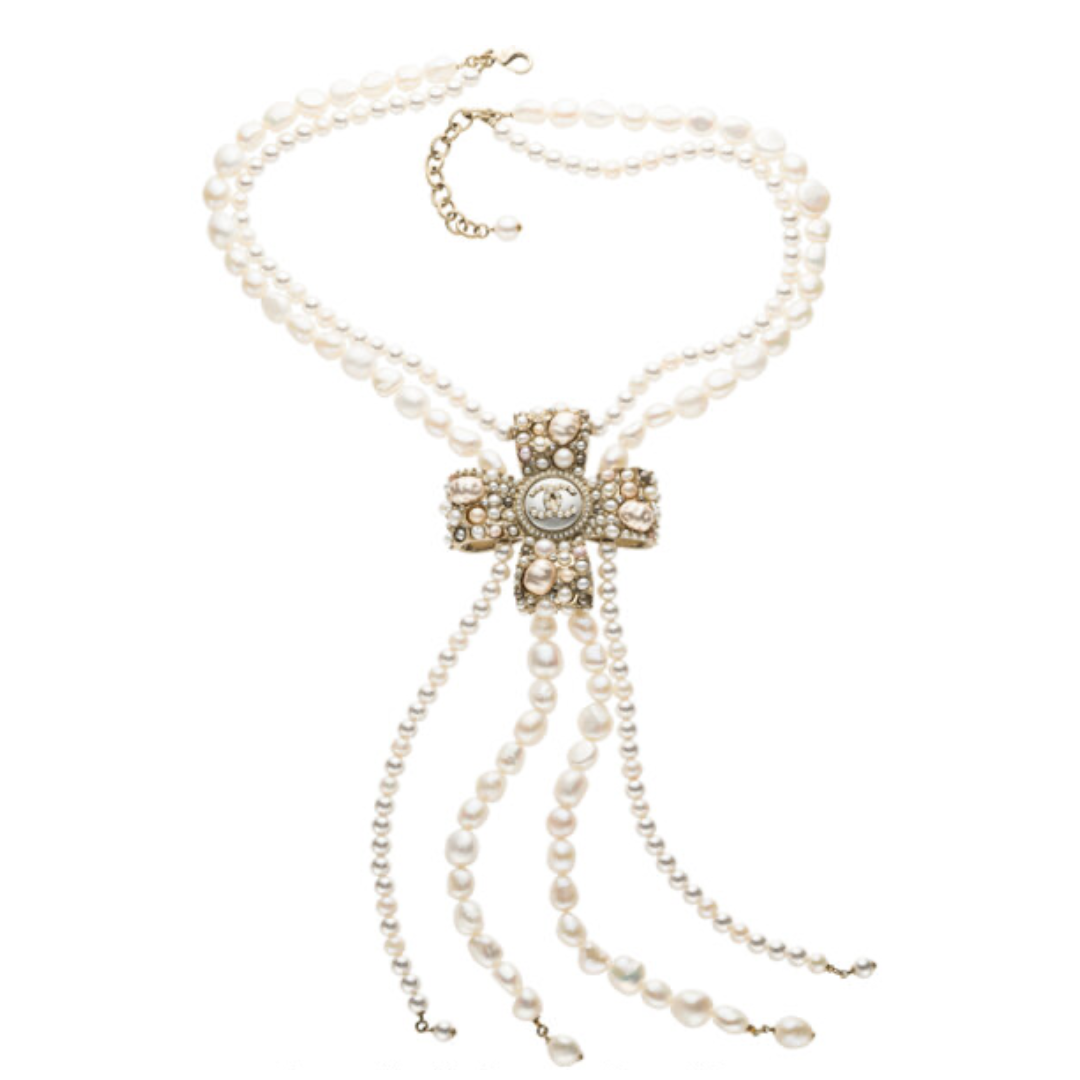 Chanel Brushed Gold Faux Pearl & Crystal CC Double Strand Necklace