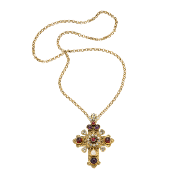 Chanel Gold Red & Purple Gripoix, Strass, and Faux Pearl Cross Pendant Necklace