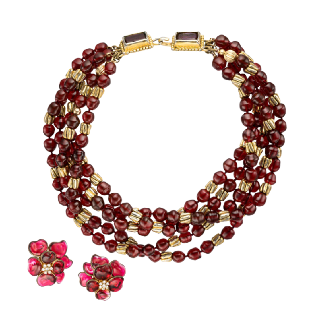 Chanel Set of Two: Red Gripoix Necklace & Flower Earrings