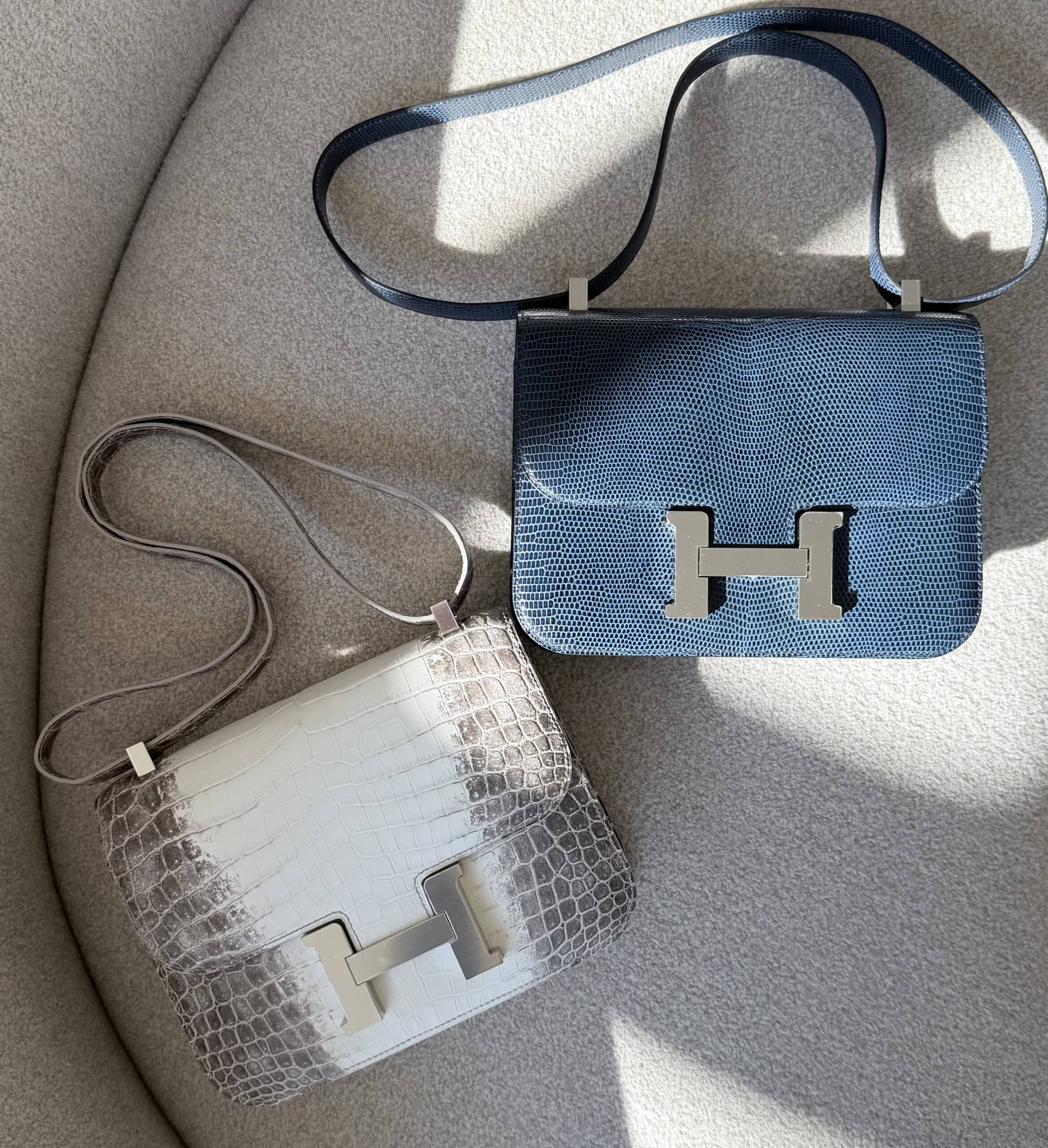 exotic Constance bags. Himalayan Porosus Crocodile, Ombrè and Blue de Malte Lizard. 