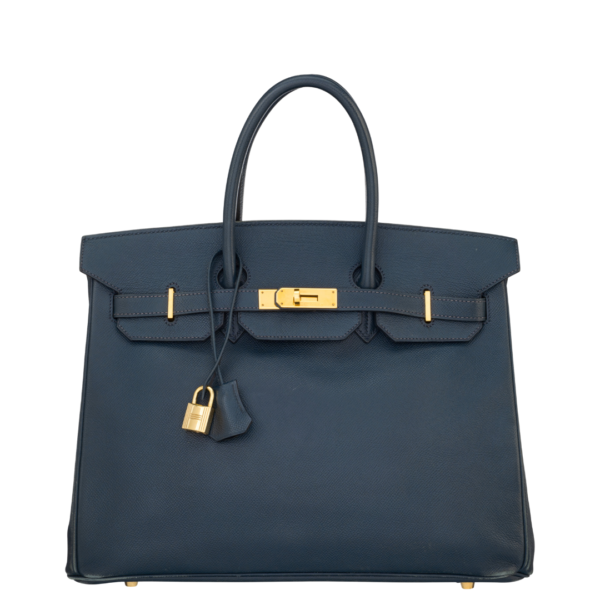 Hermès 35cm Bleu Marine Courchevel Leather Birkin Bag with Gold Hardware, Inscribed and Signed Twice by Jane Birkin