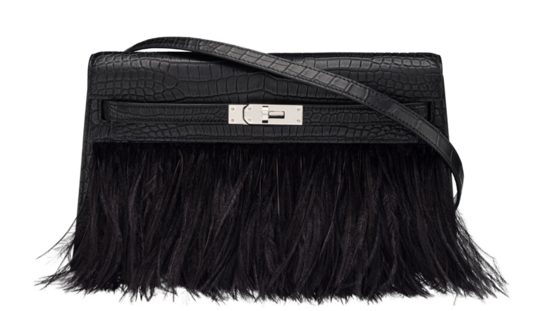 Hermès Matte Black Porosus Crocodile & Ostrich Feather Folie Kelly Elan