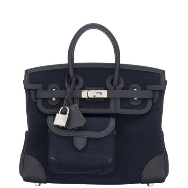 Hermès 25cm Bleu Marine Toile & Black Swift Leather Cargo Birkin